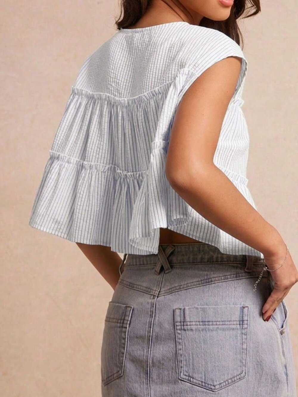 Blue And White Casual Women's Striped Woven Round Neck Cap Sleeve Ruffle Top - Picture 2 of 5